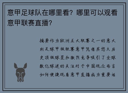 意甲足球队在哪里看？哪里可以观看意甲联赛直播？