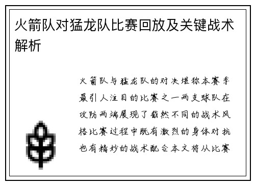 火箭队对猛龙队比赛回放及关键战术解析
