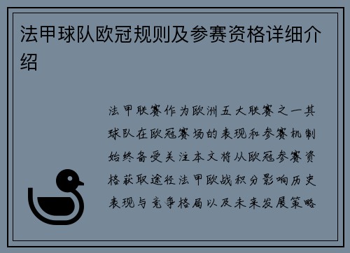 法甲球队欧冠规则及参赛资格详细介绍