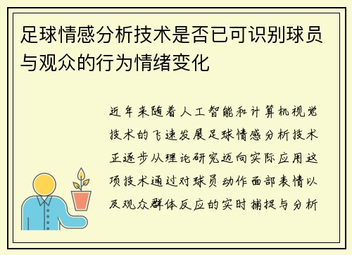 足球情感分析技术是否已可识别球员与观众的行为情绪变化